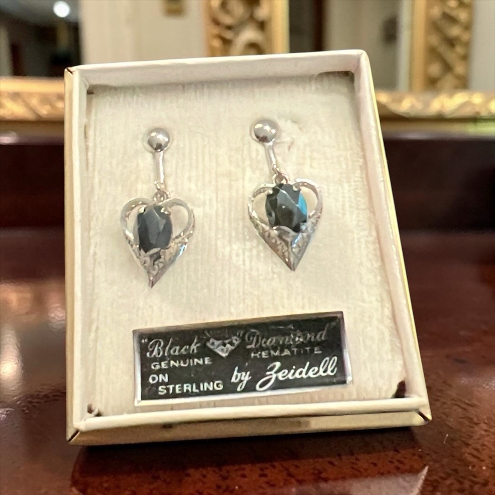 Vintage Zeidell Black Diamond Hematite Sterling Silver Heart Earrings Box